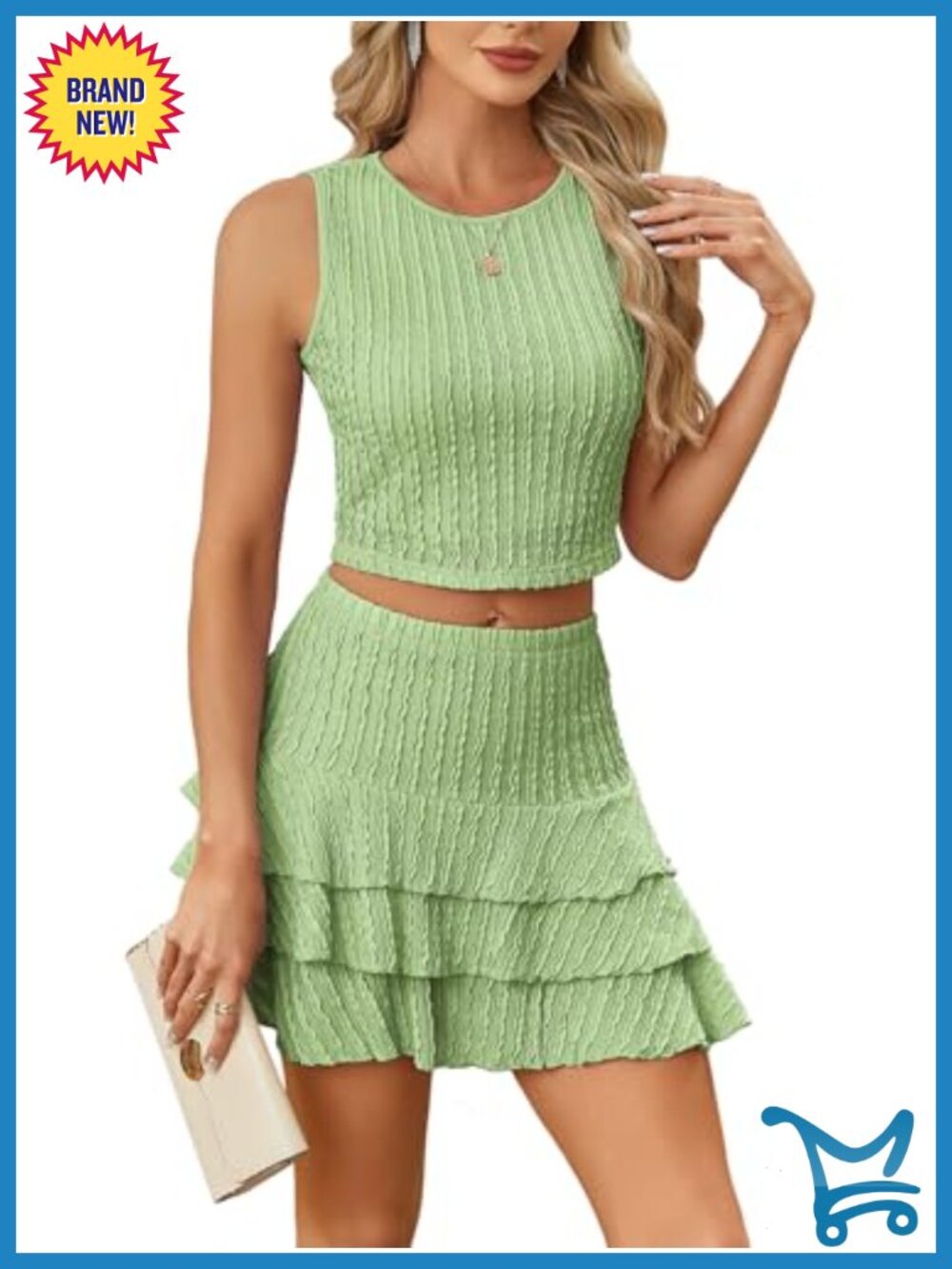 Eyelet Two Piece Skirt Set Boat Neck Cami Top Layered Ruffle Hem Mini Skirt